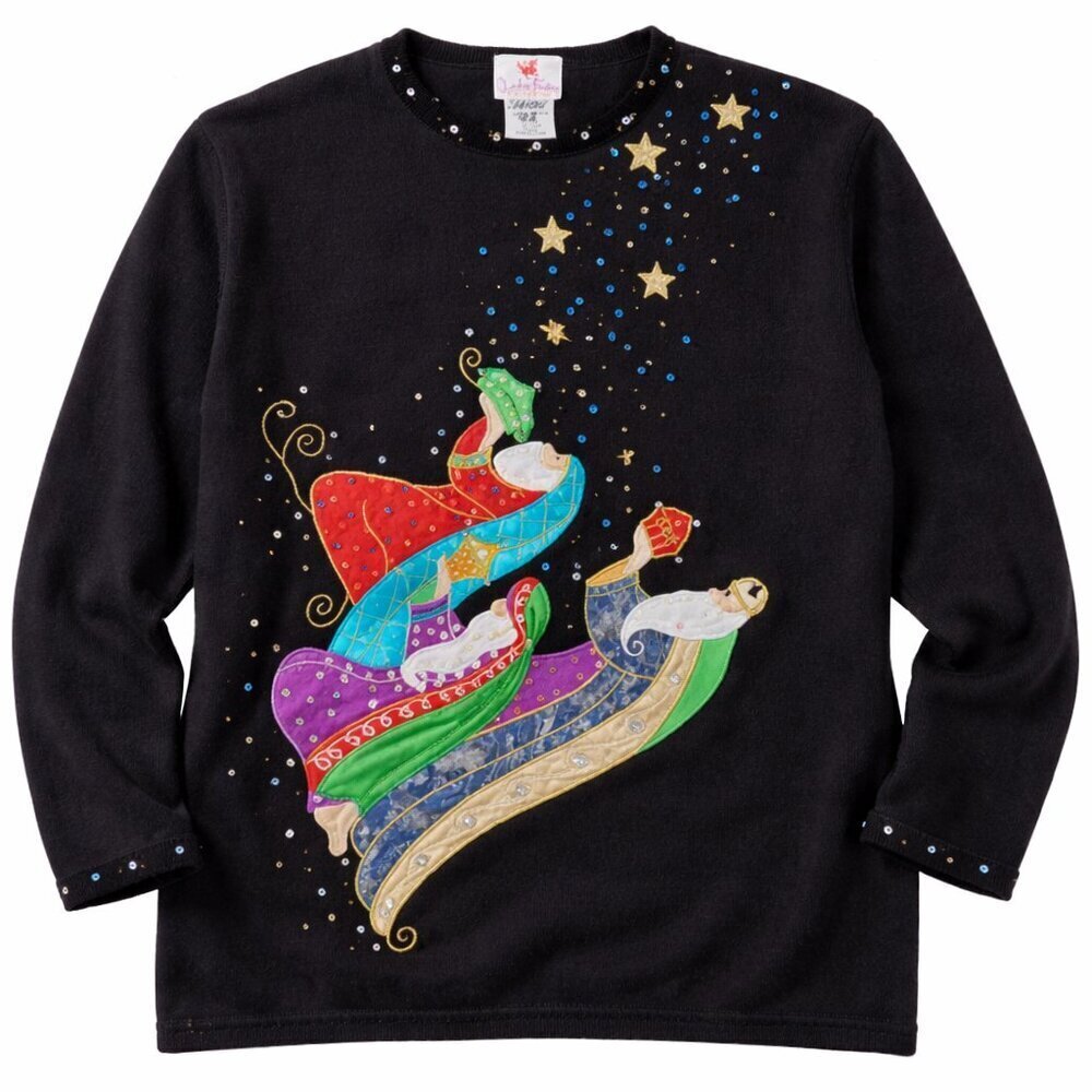 Vintage Quacker Factory Black Three Kings Sequin Christmas Holiday Sweater 1X